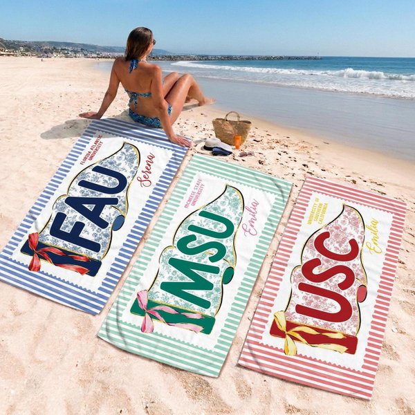 Personalized School Spirit Beach Towel: Coquette College Pennant Flag Towel, Grandmillennial Striped Towel, Sorority Girls Graduation Gifts