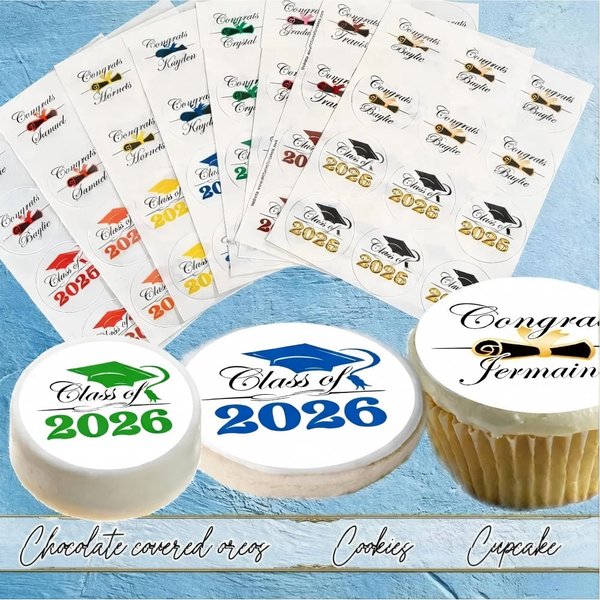 Custom Graduation Edible Cupcake/Cookie Toppers with Name, Frosting Sugar Paper Circles, Class of 2026 Graduation Party Decor, Gift for Graduates