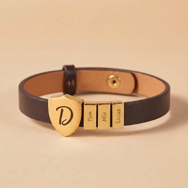 Personalized Shield Leather Bracelet for Dad with Kids' Names & Initials, Father's Day/Birthday/Anniversary Gift for Dad/Husband/Grandpa