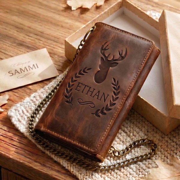 Personalized Name Leather Tri-Fold Wallet with Chain, Birthday/Father's Day Gift for Husband/Dad/Grandfather