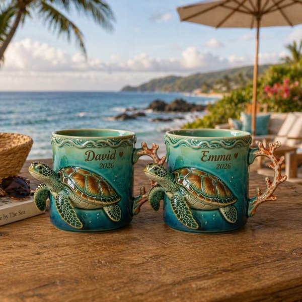 Personalisierte handgemachte Meeresschildkröte Becher mit Namen & Jahr, 3D Ozean Keramik-Kaffeebecher, Meerestier Tasse, einzigartige Küsten Geschenk für Strandliebhaber