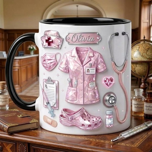 Personalized Nurse Life 3D Embossed Mug with Name, Crystal Style Medical Icons, Appreciation/Graduation Gift for Nurses/Medical Staff