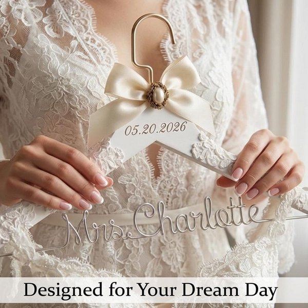 Personalized Name Date Bridal Hanger with Lace & Pearl Brooch, Wire Name Wedding Dress Hanger, Bridal Shower Favor, Wedding/Engagement Gift for Bride