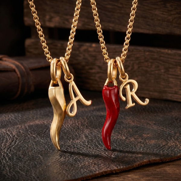 Personalized Men's Lucky Guardian Cornicello Necklace with Initial Charm, Italian Chili Pepper Pendant, Birthday/Father's Day Gift for Him/Dad