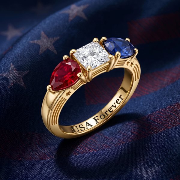 Personalized Engraved Tricolor Gemstone Design Ring with Text, Dainty Jewelry, Independence Day Gift for American Family/Patriots
