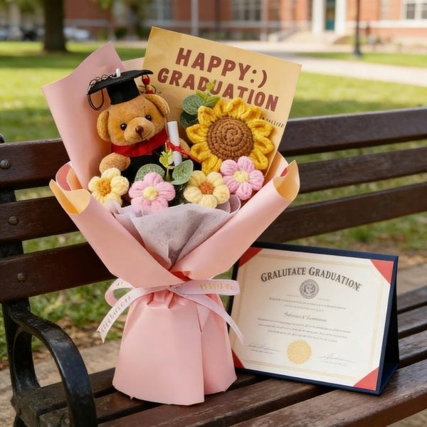 Bouquet de fin d'études au crochet personnalisé avec tournesol et poupée d'après photo, souvenir de la promotion 2026, cadeau de fin d'études pour elle/homme/grande personne