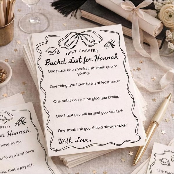 Personalized Graduation Wishes Cards, Set of 24 Custom Name Bucket List Cards, Multicolor Hand-Drawn Ribbon Design, Graduation Party Favor for Girls