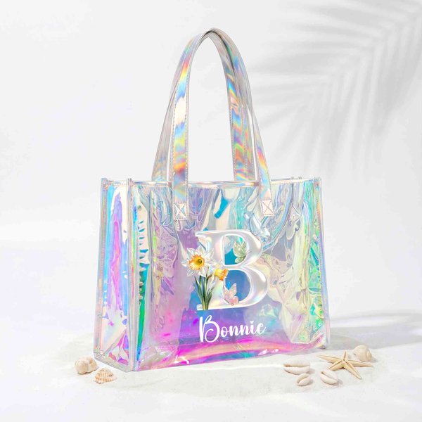Personalized Holographic Tote Bag with Name Birth Flower Initial, Shiny Summer Beach Handbag, Vacation Accessories, Birthday Gift for Women