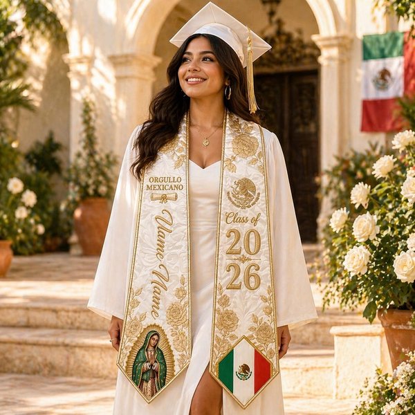 Personalized Mexican Graduation Stole with Name and Year, Virgen De Guadalupe Catholic Sash, Orgullo Mexicano Senior Gift for Graduates