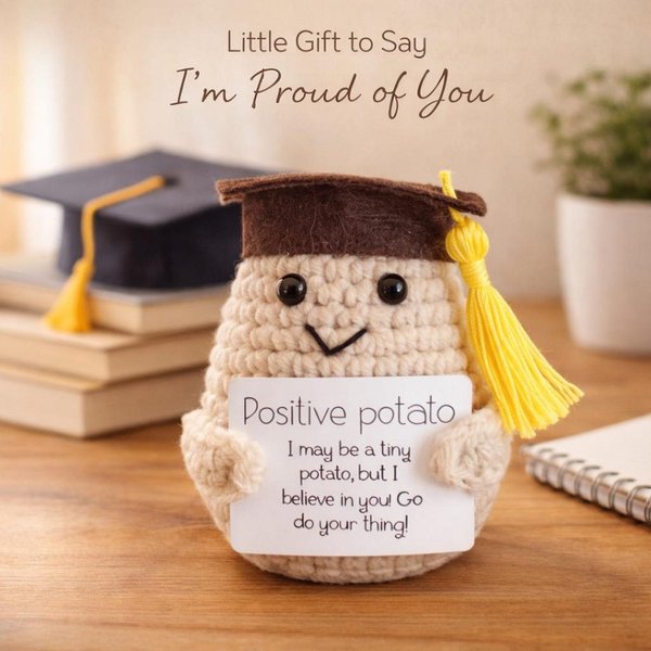 Handmade Crochet Graduation Positive Potato with Card, Cute Emotional Support Toy, Desk Decor, Funny Graduation/Encouragement Gift for Friends/Family