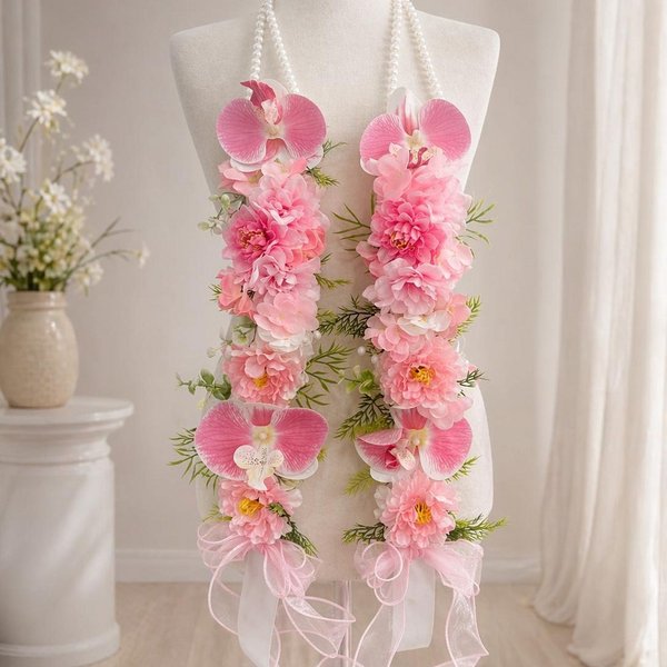 Custom Handmade Floral Mix Pearl Bow Graduation Stole, Ribbon & Fabric Flower Lei, Grad Sash, Unique High School/College Graduation Gift