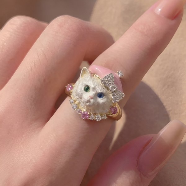 Personalized Cute Cat & Dog Adjustable Ring with Crystal Bow, 3D Pet Lover Statement Ring, Birthday/Valentine’s Day Gift for Animal Lover/Her