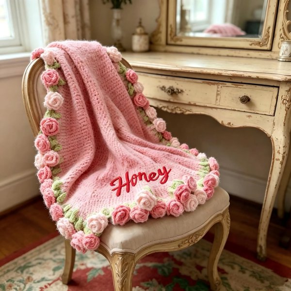 Personalized Name Flower Bouquet Blanket, Handmade Crochet Rose Throw, Romantic Room Decor, Mother’s Day/Anniversary Gift for Mom/Wife/Her
