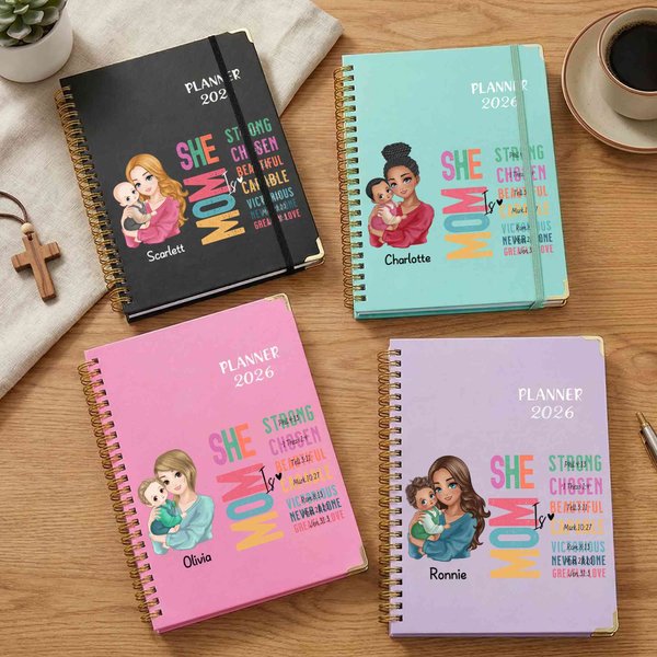 Personalized She Is Mom Bible Verse Cartoon 2026 Planner Spiral A5 Notebook with Name Birthday Christianity Gift for Mom Christian
