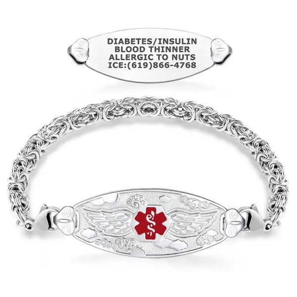 Personalized Engraved Angel Wing Medical Alert ID Bracelet, Handcrafted Byzantine Chain Jewelry, Thoughtful Safety Gift for Family/Friends