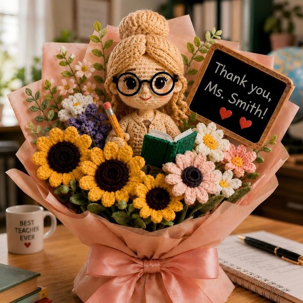 Handmade Crochet Lehrer Bouquet mit anpassbaren Foto-Puppe, gestrickte Blume mit Tafel-Karte, Appreciation / zurück zu Schule Geschenk für Lehrer