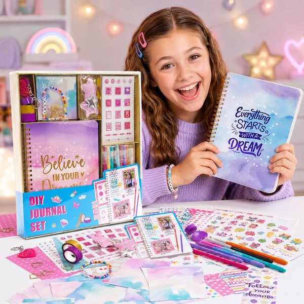 Girls DIY Journal & Sticker Craft Set with Notebook/Pens/Stickers,  Birthday/Back to School Gift for Kids