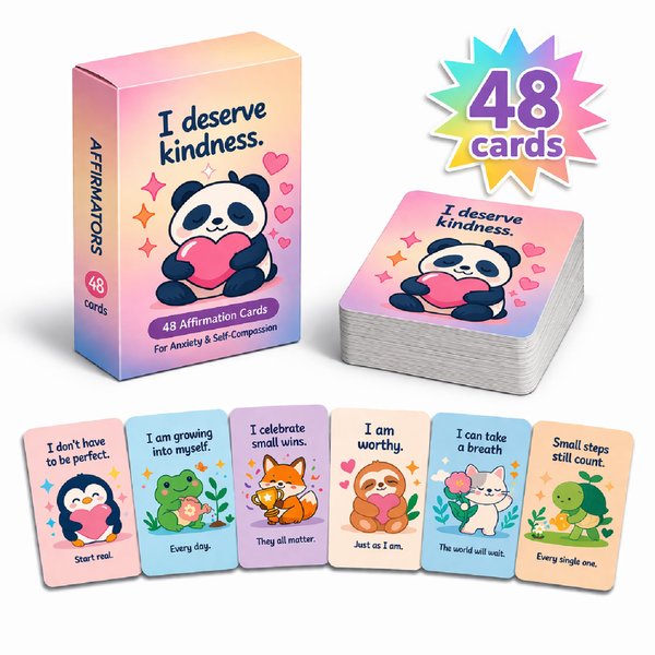 Cute Animal Affirmation Cards with 48 SEL Mindfulness Flash Cards, Emotional Regulation/Anxiety Relief Tool, Birthday/Back-to-School Gift for Child