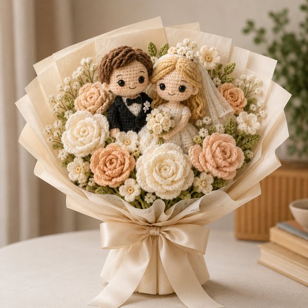 Personalized Crochet Wedding Bouquet with Bride/Groom Doll, Handmade Knitted Flower Arrangement for Newlyweds, Wedding/Anniversary Gift for Couple