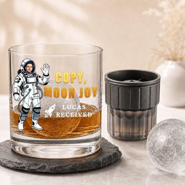 Personalized Copy Moon Joy Whiskey Glass Set with Name and Photo, 10oz Crystal Glass with Ice Mold, Birthday/Anniversary Gift for Space/Moon Lover