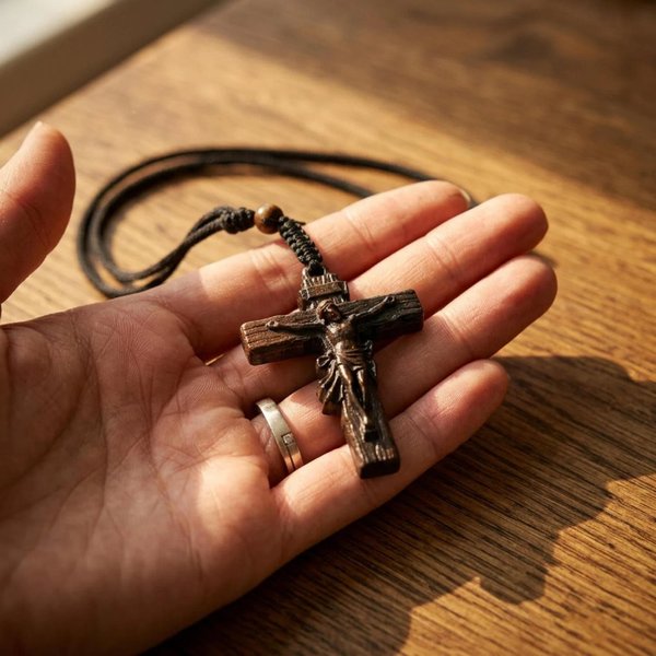 Personalized Hand Carved Crucifix Necklace with Text, Rustic Ebony Wood Jesus Cross Pendant, Religious Gift for Men/Women/Christian