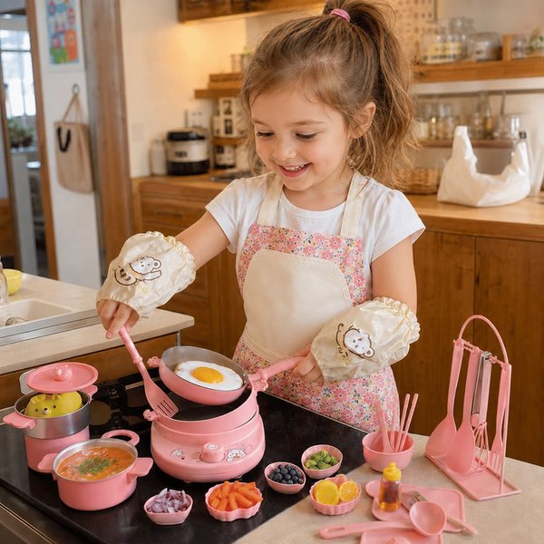 Kids Real Mini Kitchen Set with Induction Cooker & Safe Knife, Educational Pretend Cooking Toy, Birthday/Summer Gift for Child/Chef