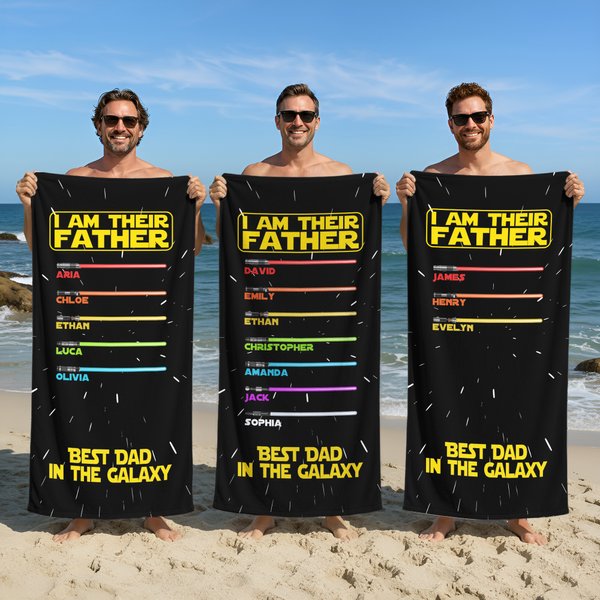 Personalized Best Dad In The Galaxy Lightsaber Oversized Quick Dry Beach Towel with Names Beach Party Birthday Father's Day Gift for Father