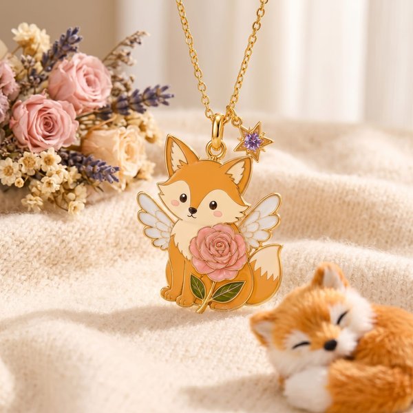 Personalized Guardian Angel Animal Necklace with Birth Flower & Star Birthstone, Birthday/Baptism Gift for Kids