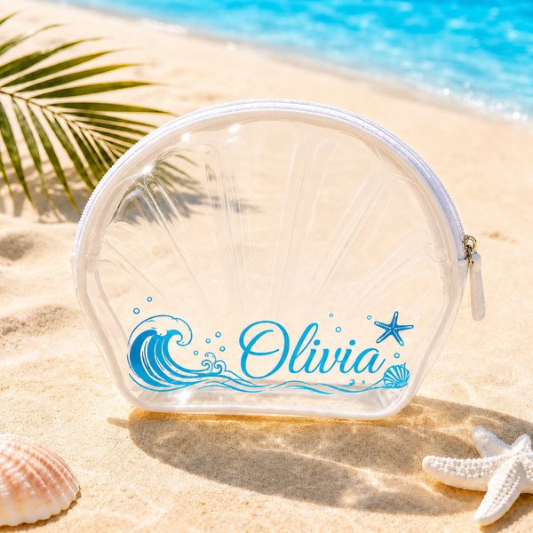 Sac de plage à coquillages transparent personnalisé avec nom et couleur, pochette étanche à fermeture éclair, cadeau de vacances élégant pour femmes/sœurs