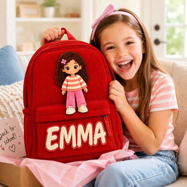 Personalized Interactive Dress-Up Doll Corduroy Backpack with Removable Hair & Outfit, Custom Name Creative DIY Bag, Back to School Gift for Kids