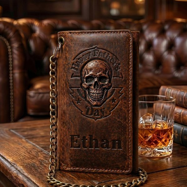 Personalized Skull Happy Father's Day Leather Tri-Fold Wallet with Chain and Name, Father's Day Gift for Husband/Dad/Grandfather