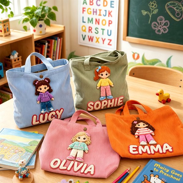Personalized Dress-Up Doll Corduroy Tote Bag with Name, DIY Bag with Removable Hair & Outfit, Ideal School Gift for Children