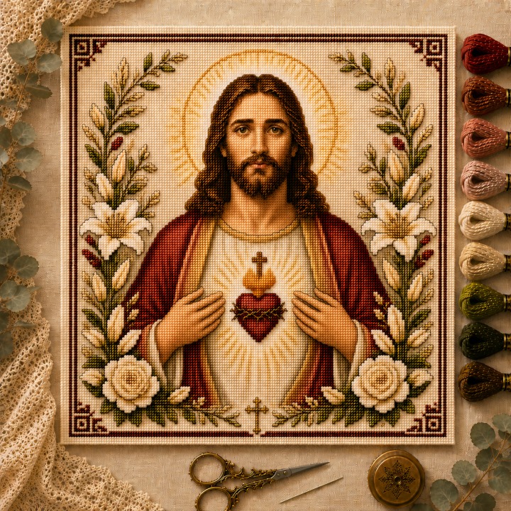 Sacred Heart Jesus cross stitch design