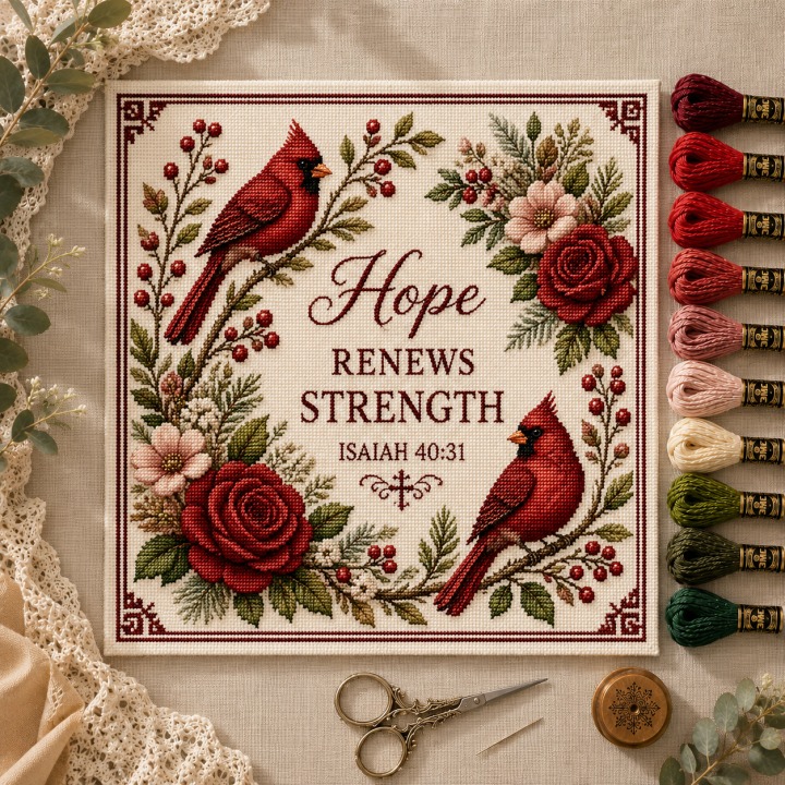 Cardinal Hope cross stitch design