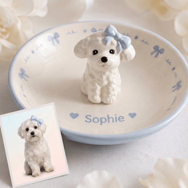 Personalized Photo Pet Jewelry Tray with  Name, 3D Pet Figurine Ceramic Ring Holder Dish, Ideal Gift for Pet Lovers