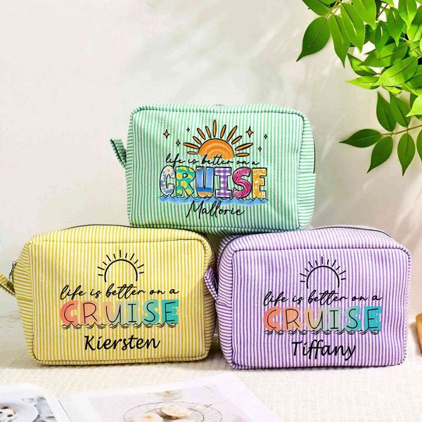 Personalized Life Is Better On A Cruise Striped Makeup Bag with Name Travel Essential Birthday Gift for Women Girls