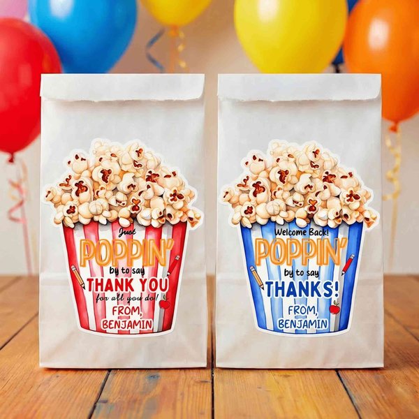 (Lot de 2 pièces)Etiquettes personnalisées de remerciement pour le pop-corn, étiquettes de remerciement pour la rentrée scolaire, cadeaux pour le premier jour d'école pour les enfants.