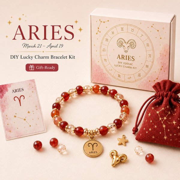 DIY Zodiac Charm Bracelet Kit, Gift Ready Astrology Bracelet Set with Crystal Beads, Gold Zodiac Charms & Constellation Card, Holiday Gift for Her