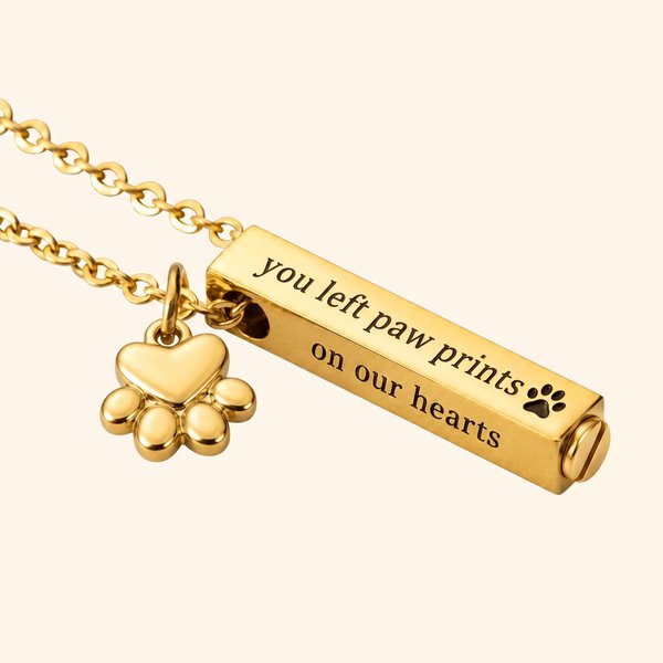Personalized Pet Memorial Urn Necklace with Paw Print & Engraved Name, Cremation Jewelry Keepsake, Pet Loss/Sympathy Gift for Pet Owner/Friend