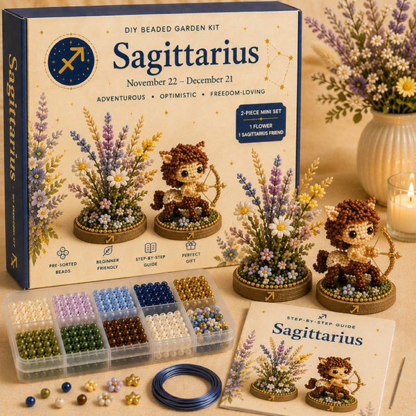 DIY 12 Zodiac Beaded Garden Craft Kit with Flower & Animal Beading Set, Pre-Packed Astrology Art Supplies, Birthday Gift for Women/Teens/Craft Lovers