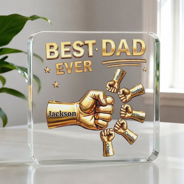 Personalized Best Dad Ever Fist Bump Clear Acrylic Plaque with Name Home Desk Decor Father's Day Gift for Dad Grandpa