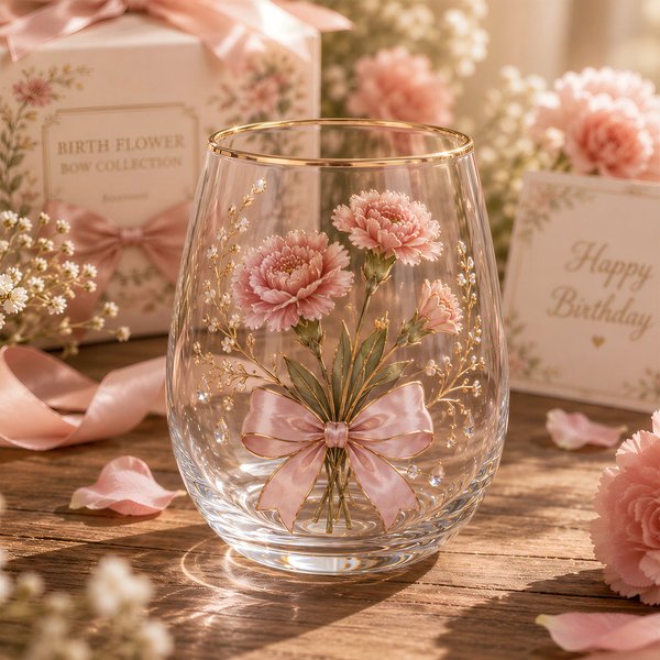 Personalized Birth Flower Bow Glass Cup Collection, Gold Rim Floral Stemless Glass with Decorative Ribbon Bow, Holiday Gift for Women/Mom/Friends