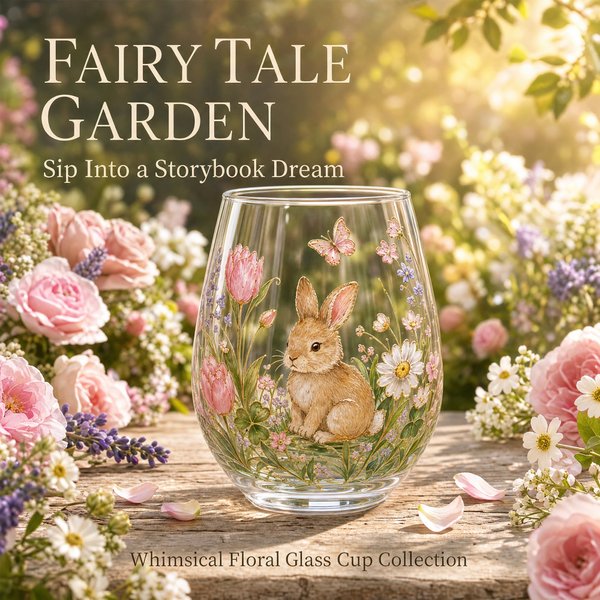 Fairy Tale Garden Glass Cup Collection, Storybook Animal Floral Gold Rim Stemless Glass, Cottagecore Home Bar Decor, Holiday Gift for Girls/Women/Her