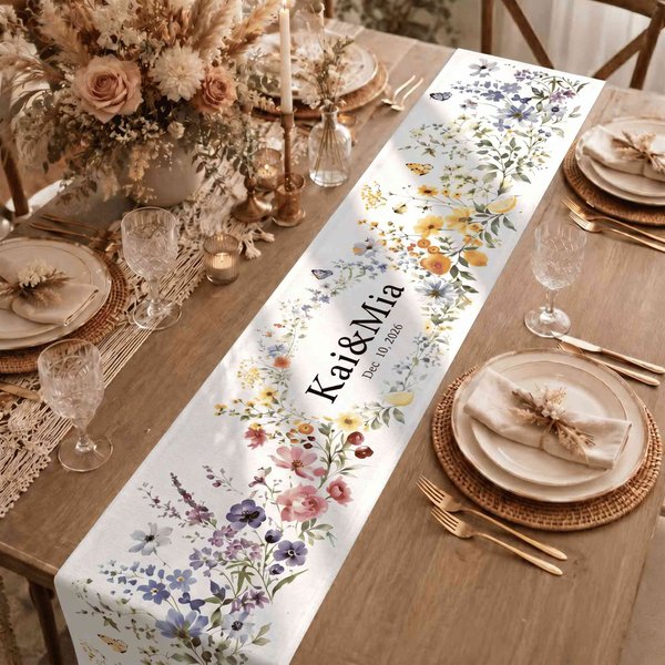 Chemin de table personnalisé en fleurs sauvages avec nom et date, décoration florale rustique pour réception, cadeau de mariage/douche nuptiale pour couple