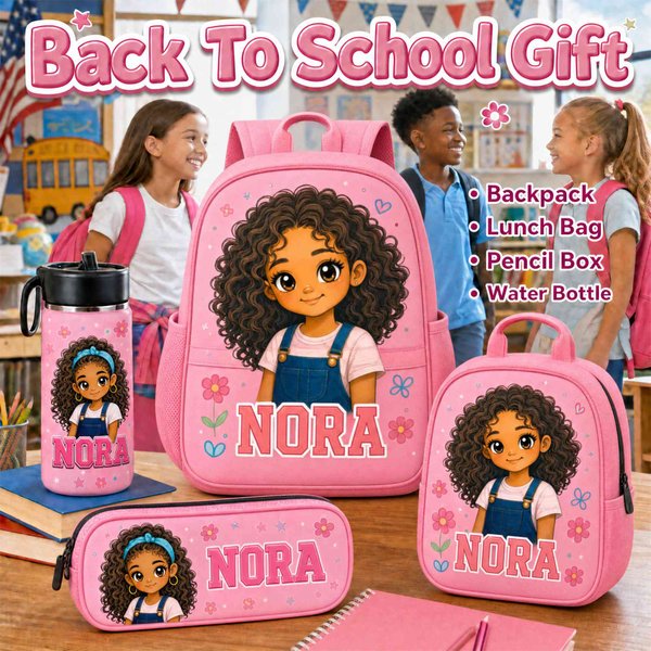 Personalized 4 Piece Kids School Bag Set with Name, Cartoon Girl Backpack, Lunch Bag, Pencil Case & Water Bottle, Back to School Gift for Girls