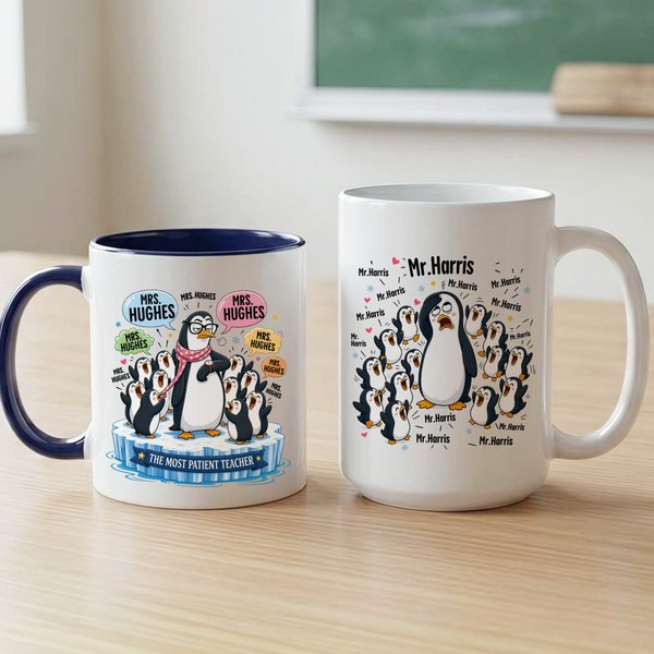 Tasse en céramique personnalisée avec texte et dessous de verre Pingouin Enseignant Cadeau d'anniversaire pour enseignant