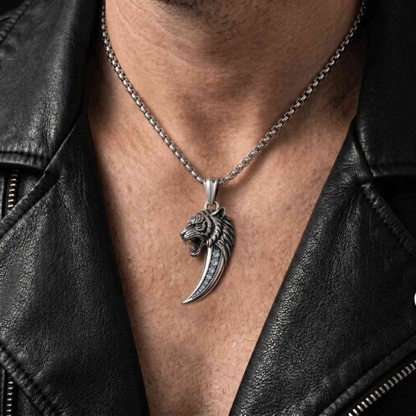 Personalized Animal Head Fang Birthstone Necklace with Name, Fashion Men Accessory Pendant, Roaring Beast Jewelry Gift for Him/Husband/Boyfriend/Dad