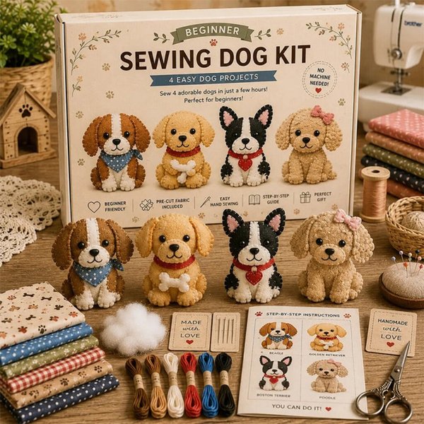 Handmade Felt Animal Craft Set, Sewing Kit for Beginners, Screen-Free Hobby Supplies, Make Cute Bird, Dog & Cat, Birthday Gift for Kids/Friends