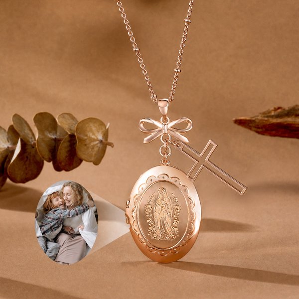 Personalized Virgin Mary Photo Cross Locket Necklace with Bow Exquisite Jewelry Baptism Birthday Gift for Women Christians