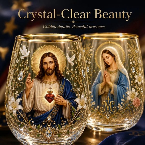 Élégant verre à eau avec bordure dorée, décor Sacré-Cœur et Vierge Marie, objet de décoration inspirant, cadeau religieux pour femmes